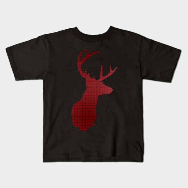 Deer, Red and Black Plaid Kids T-Shirt by BokeeLee